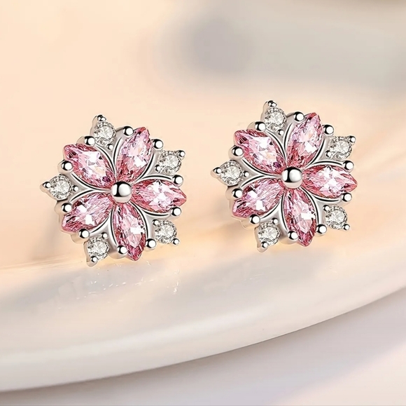 Cherry Blossom Stud Zircon Sterling Silver Plated Earrings - Picture 3 of 5